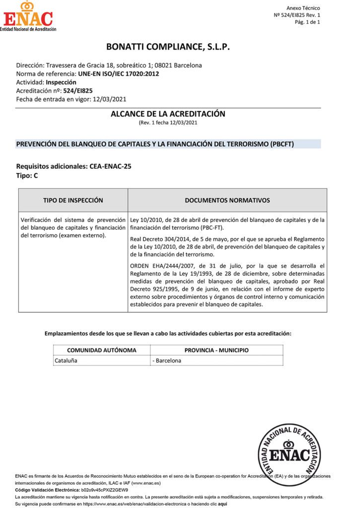 Acreditación ENAC a Bonatti Compliance-Experto Externo Blanqueo Capitales